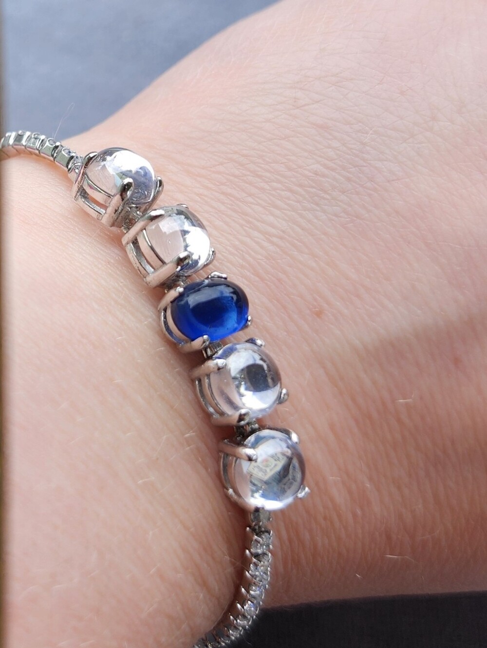 Sterling Silver Bracelet with Blue And Clear Cabochons